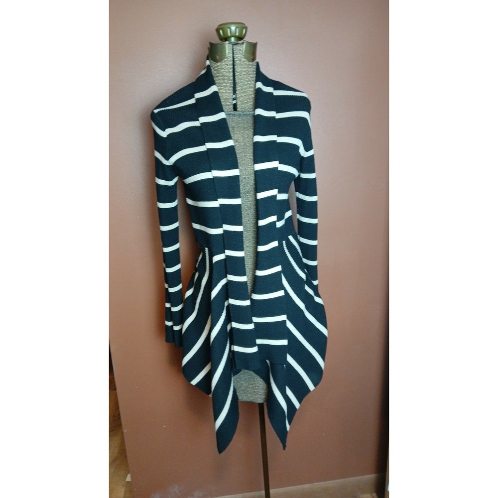 Carmen Marc Valvo Womens Black White Striped Ribbed Knit Sharkbite Cardigan S